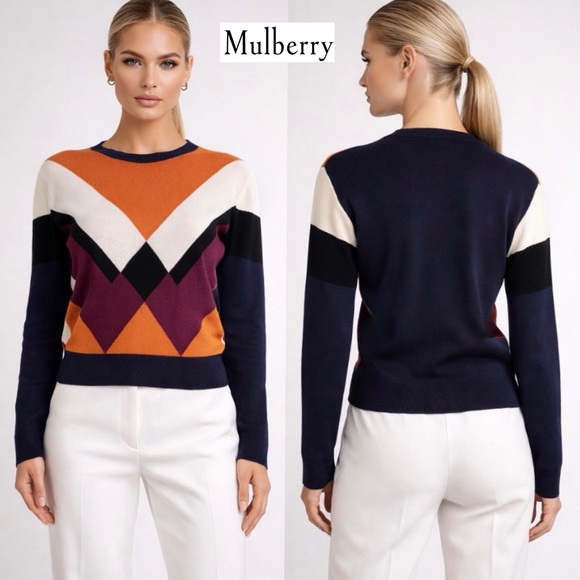 Mulberry England Silk Cotton Knit Sweater S Geometric Chevron Italy Luxury - Picture 2 of 13